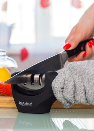 4-in-1 Kitchen Knife Accessories: 3-Stage Knife Sharpener Helps Repair, Restore, Polish Blades and Cut-Resistant Glove (Black)