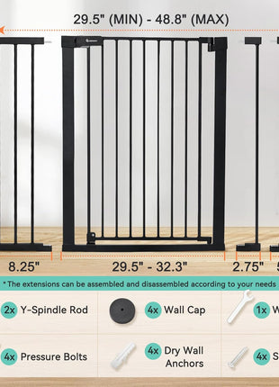 COMOMY 36" Extra Tall Baby Gate for Stairs, Fits 29.5" to 48.8" Openings | Auto Close Extra Wide Dog Gate for House, Pressure Mounted Easy Walk Through Pet Gate with Door, Black