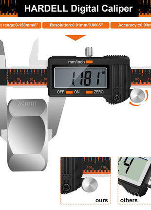 HARDELL Digital Caliper, 6 Inch Stainless Steel Caliper Measuring Tool with Large LCD Screen, Electronic Micrometer Caliper Digital Inch/Millimeter Conversion, Automatic Off(Ruler & 2 Batteries)