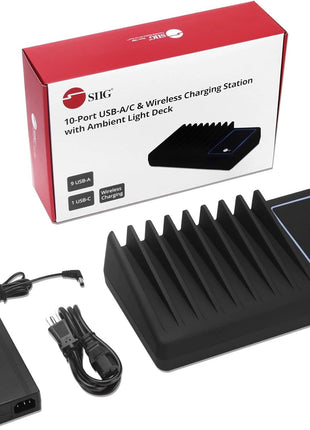 SIIG 10 Port 90W USB Charging station with Qi wireless and USB C Charging, Ambient Light Deck compatible with iPhone iPad Samsung Galaxy Google Nexus
