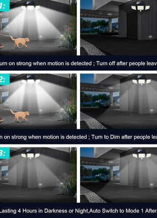 Tuffenough Solar Outdoor Lights 2500LM 210 LED Security Lights with Remote Control,3 Heads Motion Sensor Lights, IP65 Waterproof,270° Wide Angle Flood Wall Lights with 3 Modes(2 Packs)
