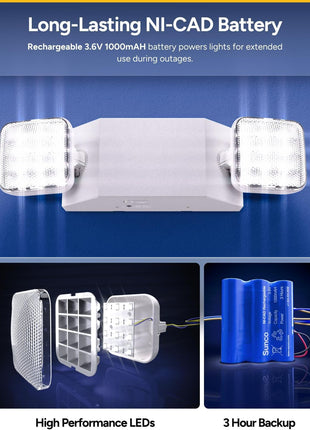 Sunco 12 Pack LED Emergency Lights, Commercial Lighting for Business, Power Outages, Offices, with Backup Battery (90 Minutes), Wall Mount, Hard Wired, 120-277V, Fire Resistant (94V-0) UL.