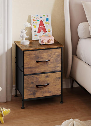 WLIVE Night Stand, Small 2 Drawer Dresser, Nightstand with Fabric Bins for Bedroom, Closet, Dorm, Rustic Brown Wood Grain Print, 11.8 inch D x 15.7 inch W x 20.9 inch H