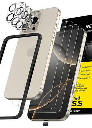 NEW'C 3x for iPhone 16 Pro Screen Protector (6.3 inches)+ 3x Camera Lens Protector, Sensor Protection, Case Friendly Tempered Glass Film + Dust Plug- Easy installation tool include