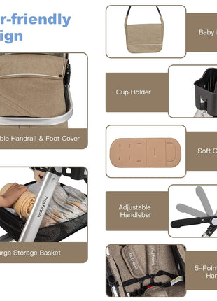 BABY JOY Baby Stroller, 2-in-1 Convertible Bassinet Reclining Stroller, Foldable Pram Carriage with 5-Point Harness, Including Cup Holder, Foot Cover, Diaper Bag, Aluminum Structure, Khaki