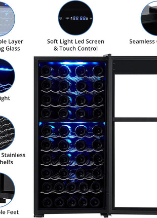 66 bottles Wine Fridge Full Size Single Zone - Tall Wine Cooler Cellars Large Cabinet Wine Refrigerator Home Bar Chiller Freestanding with French Glass Door