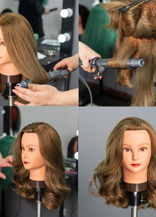 Traininghead 20-22 inch Female 100% Human Hair Mannequin Head Hair Styling Training Head Cosmetology Manikin Head Doll Head for Hairdresser with Free Clamp (brown)（14-16'' ）