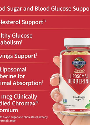 Garden of Life Liposomal Berberine and Chromium Picolinate for Already Healthy Blood Sugar, Glucose Metabolism and Cholesterol with Probiotics for Easy Digestion, Non GMO, Gluten Free, 30 Servings