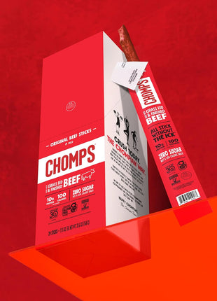 Chomps Grass-Fed and Finished Original Beef Jerky Snack Sticks 10-Pack - Keto, Paleo, Whole30, 10g Lean Meat Protein, Gluten-Free, Zero Sugar Food, Non-GMO