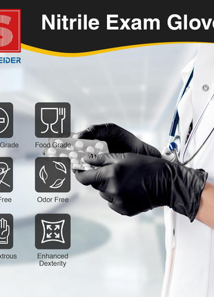 Schneider Gloves Disposable Latex Free, Black Nitrile Gloves Medium Powder Free for Medical, Cooking, Cleaning, Food Prep