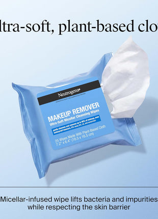 Neutrogena Makeup Remover Micellar Wipes for Face Daily Gently Removes Oil Dirt and Waterproof Makeup in a Simple Fully Plant-Based Cloth, 2 pack of 25 ct