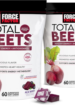 Force Factor Total Beets Soft Chews Heart Health Superfood with Beetroot | Nitrates, L-Citrulline, Grapeseed Extract, and Antioxidants, Healthy Energy Supplement, 120 count, 2-Pack