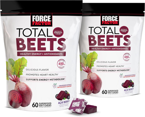 Force Factor Total Beets Soft Chews Heart Health Superfood with Beetroot | Nitrates, L-Citrulline, Grapeseed Extract, and Antioxidants, Healthy Energy Supplement, 120 count, 2-Pack