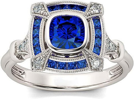 925 Sterling Silver Natural Sapphire Ring Cut Round Cubic Zirconia Classic Promise Ring CZ Cocktail Ring Eternity Engagement Wedding Ring Women Fits Her Size 6-10 587 (8)