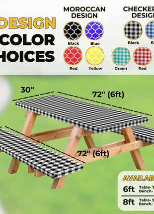 RNOONY Vinyl Fitted Picnic Table Cover with Bench Covers and Bag, 6ft Outdoor Waterproof Windproof Tablecloth with Elastic Edges. Camping RV Gear Campers Must Have 72x30 Inches 4 Pcs Set (Black)