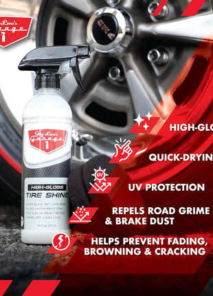 Jay Leno's Garage Tire Shine Delivers long-lasting High Gloss with a Deep Black Wet Look Glow. This Tire Dressing Spray and Car Tire Shine Work as Auto Detailing Care for Wheels and Tires – 16 oz.