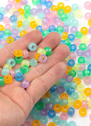 Gxueshan 1000 Pcs Acrylic 9 Color Pony Beads 6x9mm Bulk Glow in The Dark for Necklace, Friendship Bracelet Making, Hair Braids Kandi