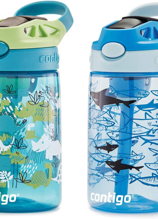 Contigo Aubrey Kids Water Bottle, 2-Pack, 14oz, Dinos & Sharks, Spill-Proof Lid, Dishwasher Safe, Blue & Green
