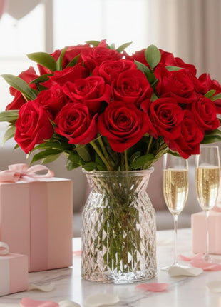 Benchmark Bouquets - Red Roses Bouquet - Fresh Flowers for Delivery - Real Roses - Two Dozen Long Stem Roses for Anniversary - Romantic Gift Set - Gifts for Women (Glass Vase Included)