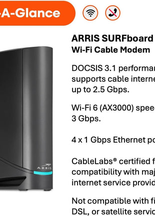 ARRIS (G34) - Cable Modem Router Combo - Fast DOCSIS 3.1 Gigabit WiFi 6 (AX3000), Approved for Comcast Xfinity, Cox, Spectrum & More, 1 Gbps Max Internet Speeds
