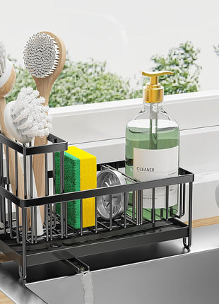 Cisily Sponge Holder for Kitchen Sink, Sink Caddy Organizer with High Brush Holder, Kitchen Countertop Organizers and Storage Essentials, Rustproof 304 Stainless Steel (Black, 9.25′′)