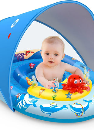 EZIGO Baby Pool Float Canopy UPF50+, Kids Floats for 6-36 Months Boys Girls | 120° Adjustable Sun Protection Toddler Swim Float with Squeaky Toys, Dual Air Chambers & Infant Baby Floatie with Safety Seat