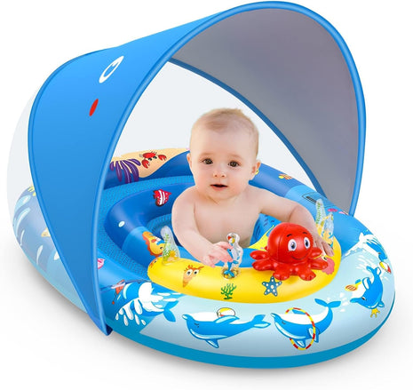 EZIGO Baby Pool Float Canopy UPF50+, Kids Floats for 6-36 Months Boys Girls | 120° Adjustable Sun Protection Toddler Swim Float with Squeaky Toys, Dual Air Chambers & Infant Baby Floatie with Safety Seat