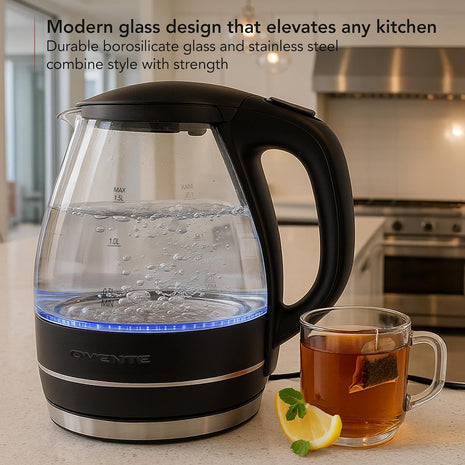 OVENTE 1.5L Glass Electric Kettle Water Boiler, Black KG83B | 1100W Fast Boiling, Borosilicate Glass, BPA-Free, Blue LED, Auto Shut-Off, Boil-Dry Protection, Removable Filter, 360° Base