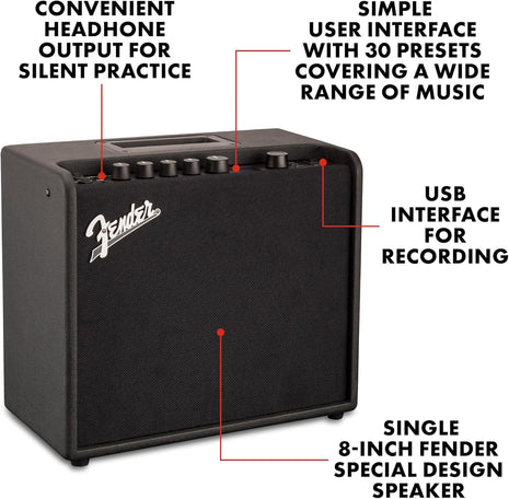 Fender Mustang LT25 Guitar Amp, 25 Watt Combo Amp, with 2 Year Warranty, 30 Preset Effects with USB Audio Interface for Recording