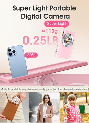 Digital Camera,Autofocus 4K Vlogging Camera for Photography with 32GB Card,48MP Portable Compact Point and Shoot Digital Camera for Teens Adult Beginner with 16X Zoom,Anti-Shake,2 Batteries(Pink)