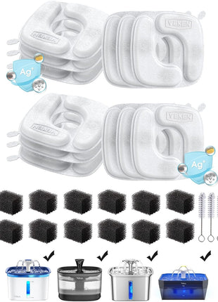 Veken Cat Water Fountain Filters, 8 Pack Replacement Filters & 8 Pack Replacement Pre-Filter Sponges Set for 50oz, 84oz, 95oz or 108oz Automatic Pet Fountain Dog Water Dispenser