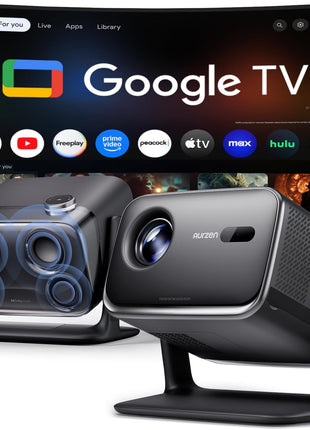 Aurzen BOOM mini Google TV Smart Projector with WiFi and Bluetooth, Voice Control, Family Mode, 20W Dolby Audio, Real-Time Focus,4K Supported Movie Projector for Bedroom/Home/Outdoor Live Sports,Black