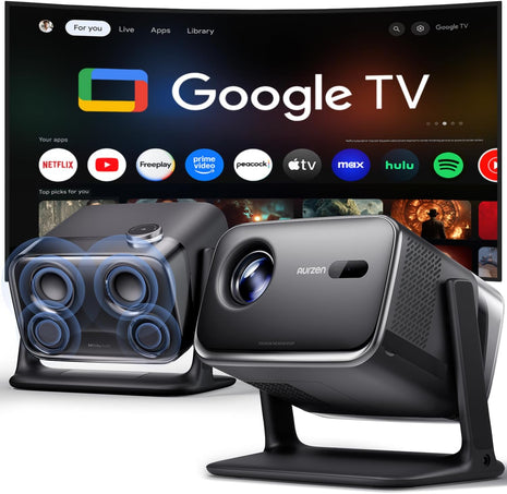 Aurzen BOOM mini Google TV Smart Projector with WiFi and Bluetooth, Voice Control, Family Mode, 20W Dolby Audio, Real-Time Focus,4K Supported Movie Projector for Bedroom/Home/Outdoor Live Sports,Black