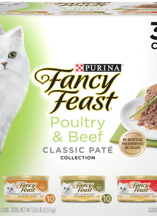 Fancy Feast Poultry and Beef Feast Classic Pate Collection Grain Free Wet Cat Food Variety Pack - (Pack of 30) 3 oz. Cans