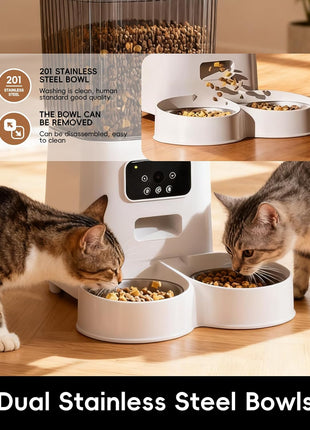 5L Smart Pet Feeder with HD Camera, WiFi Automatic Food Dispenser, Dual Stainless Steel Bowls, App Control, Voice Recorder, Motion Detection for Small and Medium Pets