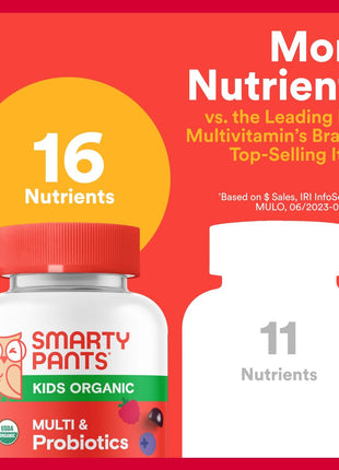 SmartyPants Organic Kids Multivitamin Gummies: Probiotics, Omega 3 (ALA), Vitamin D3, C, Vitamin B12, B6, A, K & Zinc for Immune Support, Biotin, Three Fruit Flavors, 120 Count (30 Day Supply)