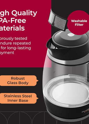 Mueller Living 1.8L Electric Kettle, Tea Kettle for Boiling Water | 1.8L | 1500W | LED | SpeedBoil | Automatic Shutoff | Cordless | Borosilicate Glass | BPA Free
