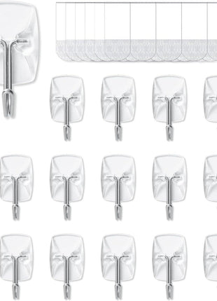 MOVELYST 15 Small Hooks Removable Strips, Clear Wire Hanger Hooks, Damage-Free Utility Hooks, Heavy Duty with Adhesive Strips, No Tools Wall Hook for Hanging, Value Pack