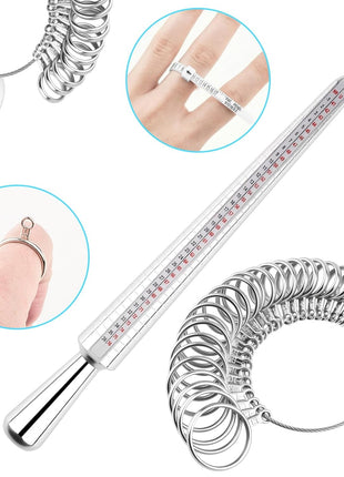 UUBAAR Ring Sizer Measuring Tool Kit, Aluminum Mandrel, 27 Stainless Steel Ring Sizing Gauge Measurer (US Size 0-13), 2 Finger Belts 1-17 (1 with Magnifier), Polishing Cloth, Men Women Wedding Jewelry
