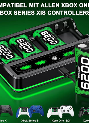 Mocagen 4 Pack 6200mAh Rechargeable Battery Pack for Xbox Series X|S/Xbox One/Elite Controller Charger Station with Touch-Sensor Light Strip, 30+hrs Playtime, Overcharge Protection