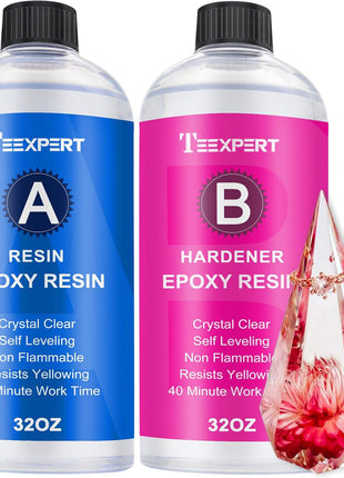 Teexpert Epoxy Resin Crystal Clear: 64OZ Epoxy Resin kit Fast Curing Heat Resistant for Casting Coating Art DIY Craft Jewelry Wood Table Top Flower Preservation- 2 Part(32OZ Resin and 32OZ Hardener)