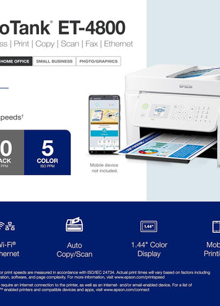 Epson EcoTank ET-4800 Wireless All-in-One Cartridge-Free Supertank Printer with Scanner, Copier, Fax, ADF and Ethernet – Ideal-for Your Home Office, White