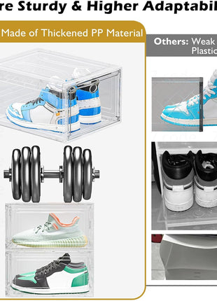 Sturdy Clear Shoe Organizer with Magnetic Door, Stackable Shoe Storage Box | Thick Plastic Shoe Storage for Sneakers & Boots, Collapsible Closet Shoe Rack and Clear Shoe Box, 6 Pack White