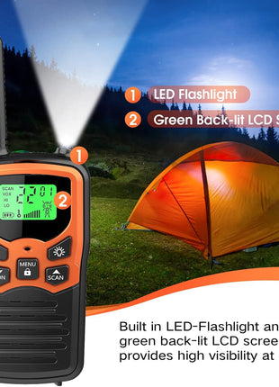 Walkie Talkies, MOICO Long Range Walkie Talkies for Adults with 22 FRS Channels, Family Walkie Talkie with LED Flashlight VOX LCD Display for Hiking Camping Trip (Orange 2 Pack)