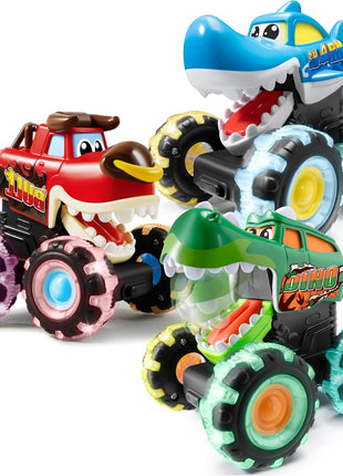 JOYIN 3 Pack Monster Truck Toy - Motion Activated Light Up Cars for Toddlers - Monster Glow Rover LED Wheels - Baby Boy Toys - Press and Go Dinosaur Trucks for Kids Boy Birthday Gifts