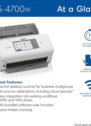 Brother ADS-4700W Professional Desktop Scanner with Fast Scan Speeds, Duplex, Wireless, and Large Touchscreen, White
