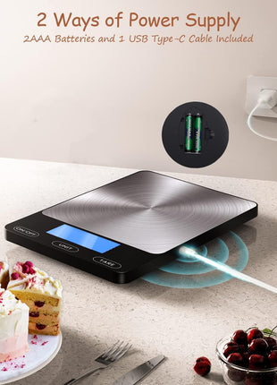 Food Scale -33lb Digital Kitchen Scale for Food Ounces Grams Rechargeable | 304 Stainless Steel,Batteries and Type-C Charging | Perfect for Meal Prep, Cooking, and Baking, Black