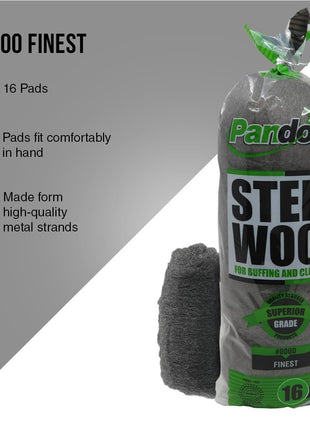 Pandora Steel Wool #0000 - Finest Grade, 16 Pads for Buffing and Cleaning - Quality Metal Strands - Ideal for Windows and Furniture