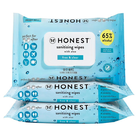 The Honest Company Fragrance Free Sanitizing Alcohol Wipes | Antibacterial  Safe for Hands | Kills 99% of Germs, Made With Aloe | 150 Count (3 Packs of 50)