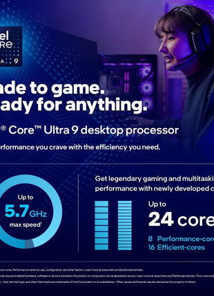 Intel Core Ultra 9 Desktop Processor 285K - 24 cores (8 P-cores + 16 E-cores) and 24 threads - Up to 5.7 GHz unlocked - 40 MB Cache - Compatible with Intel 800 series chipset-based motherboards - Inte
